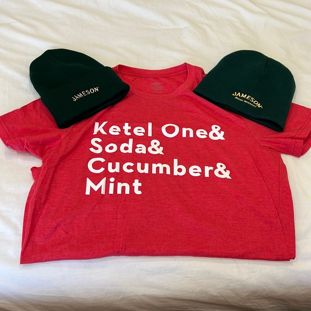2 Jameson green hats and bonus Ketel One red tshirt large